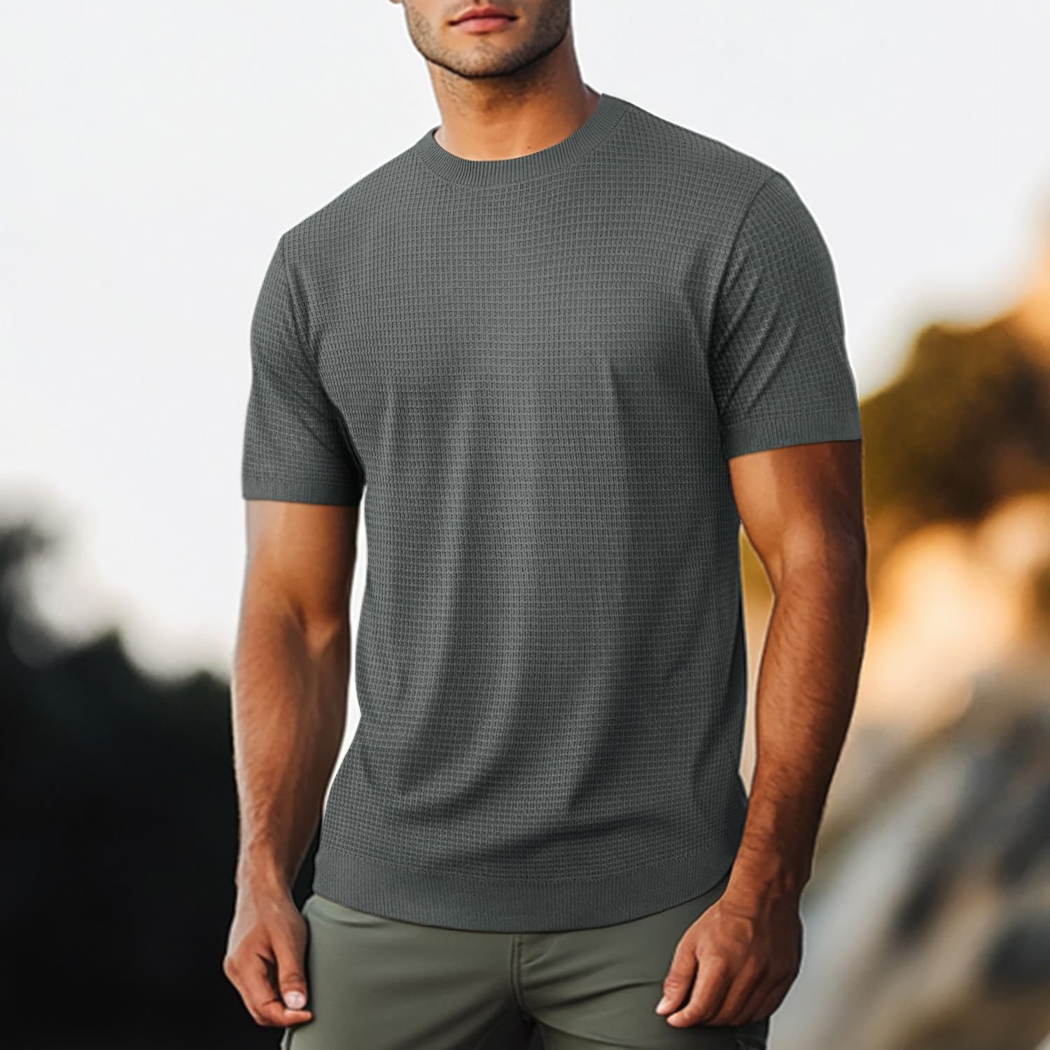 LOGEEYAR Men's Fashion Crewneck Knitted T-Shirts Short Sleeve Textured Pullover Tees Casual Waffle Knit T Shirts for Men - Image 2