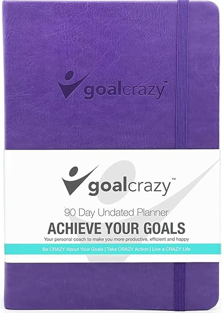 Goal Crazy Undated Daily Planner - 90 Day Weekly Planner 2022 2023, Guided Journal, Budget Planner, Productivity Habit Tracker, Inspirational, Life Setting, Leather, Purple Violet Leather Almond Pages
