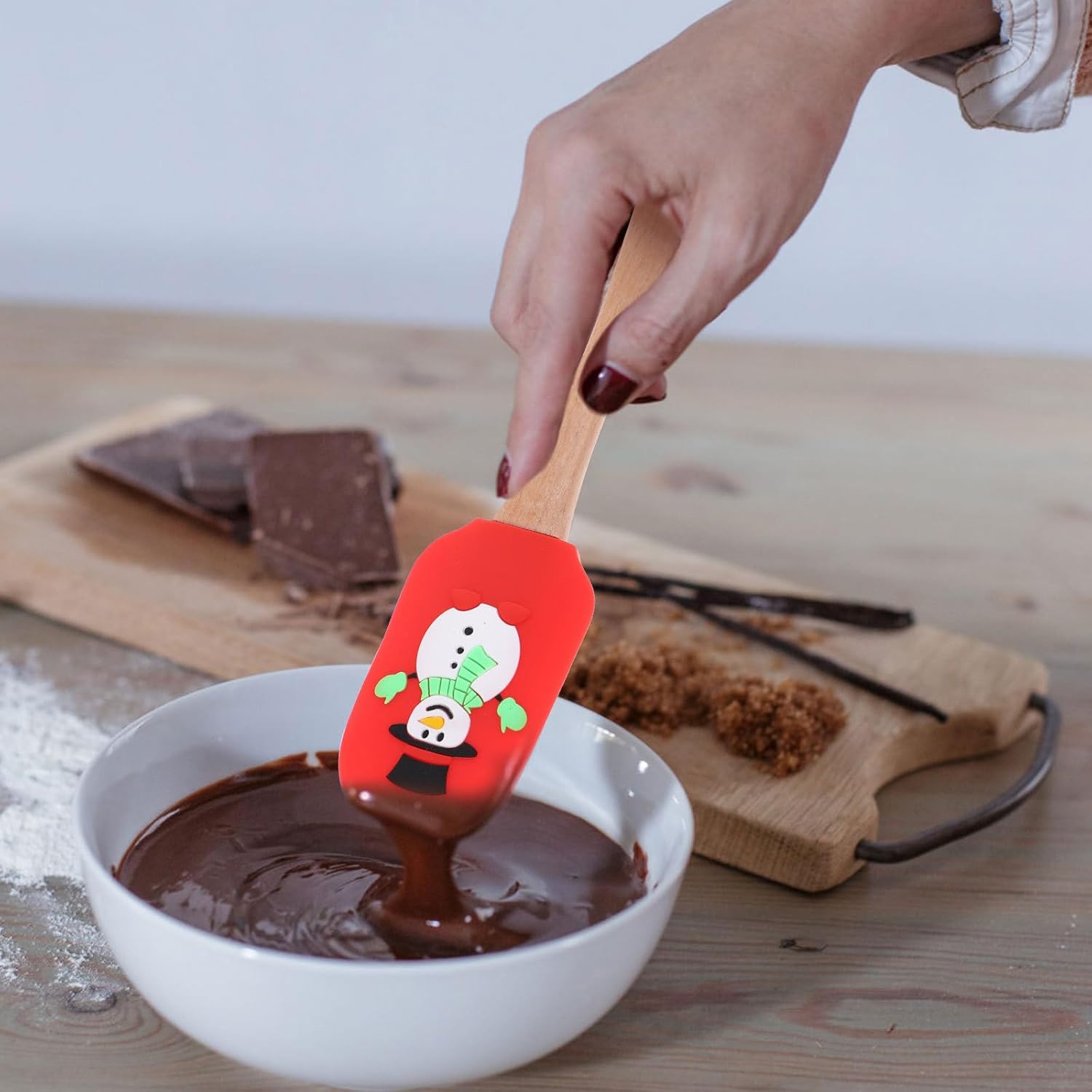 Tofficu Christmas Silicone Spatula, Novel Style Cake Spatula with Wooden Handle, Cute Snowmen Pan Scraper Silicone Cream Butter S for Baking Cooking Mixing Red Xmas