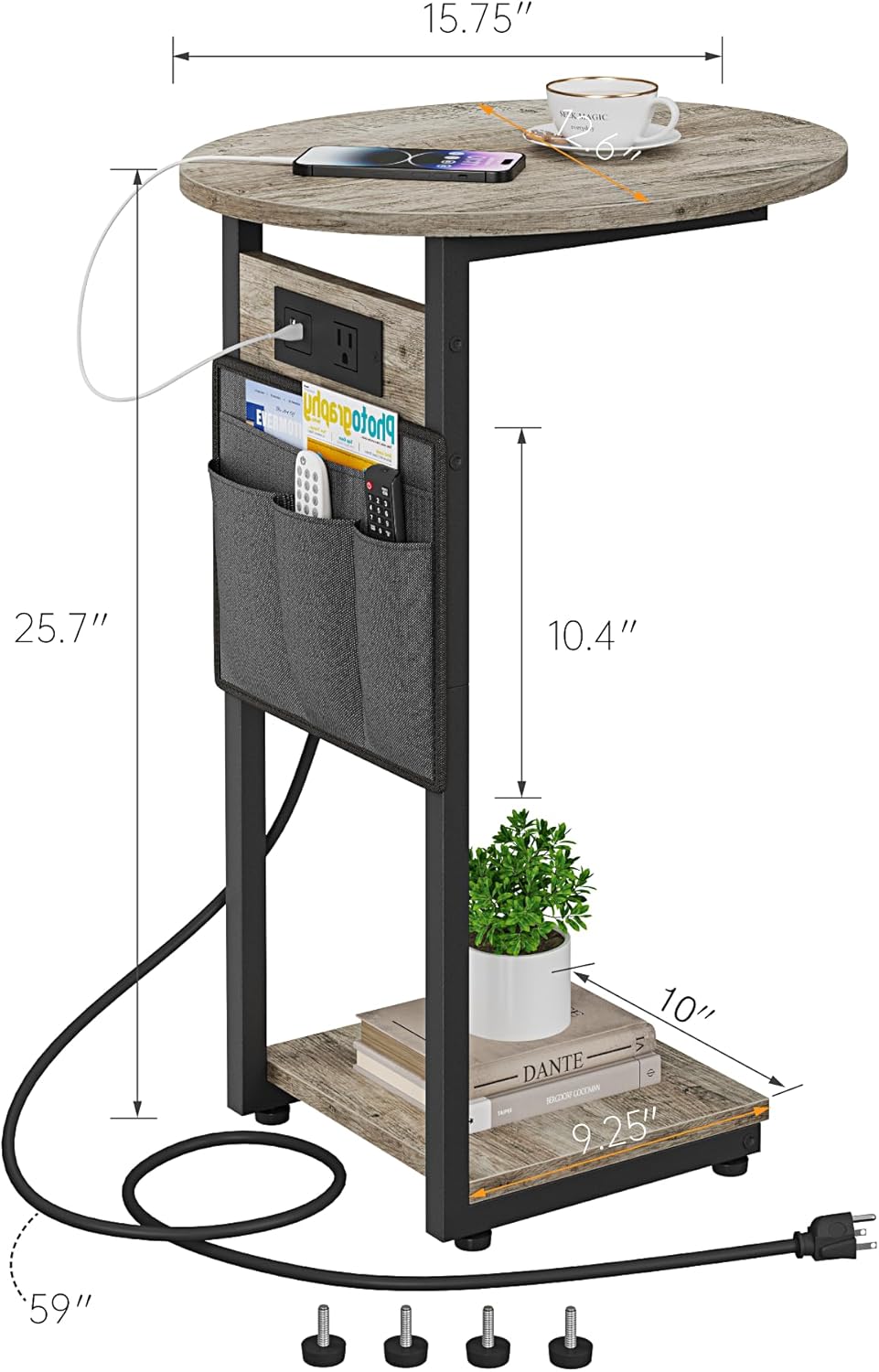 Vagusicc C Shaped End Table with Charging Station, Small Side Table for Couch, Slide Under Sofa Table for Living Room Bedroom, Round Couch Side Table, C Table for Couch Snack Table TV Tray, Greige