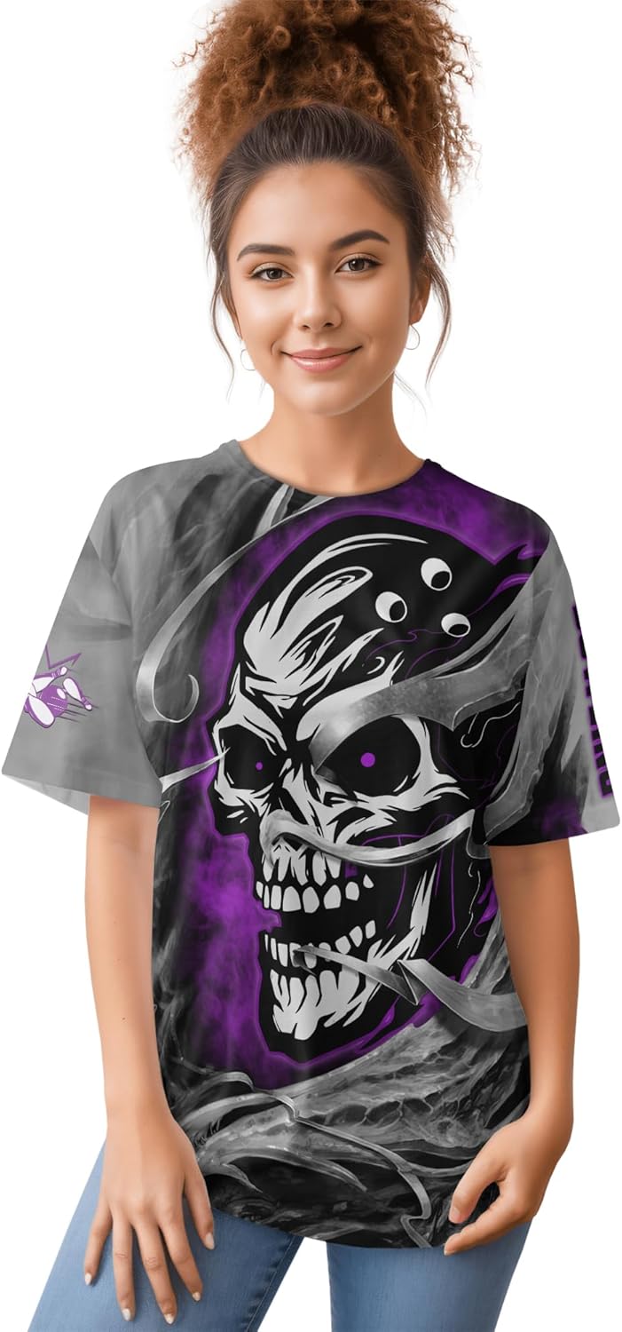 Men's Bowling Short Sleeve Tshirt Personalized Skull and Purple Bowling Ball Tee Shirt Print Bowling Related Clothing