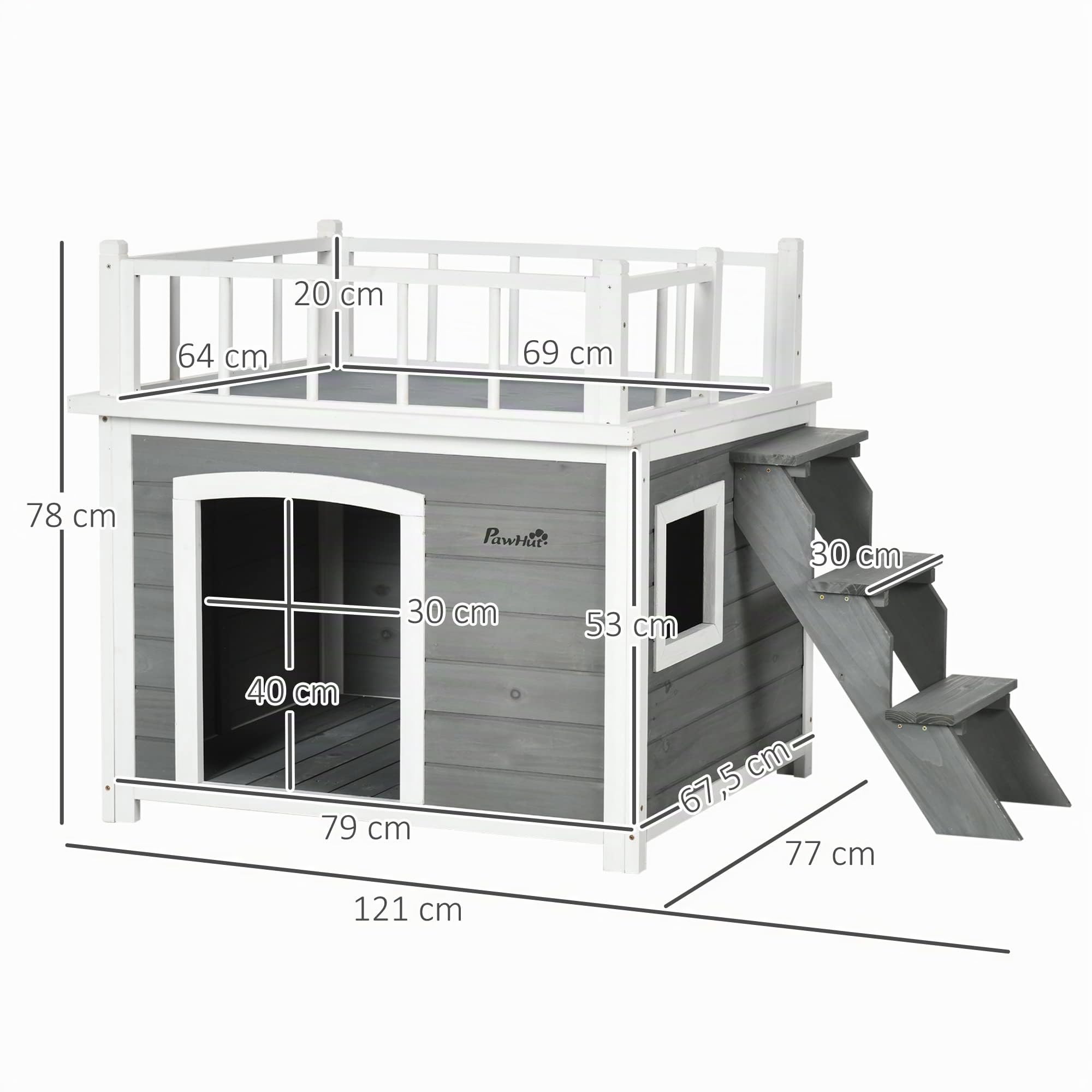 PawHut niche pour chien maison pour chien avec balcon, maison surélevée pour petits animaux avec escalier, fenêtre, niche pour chiens de taille moyenne, grands chiens, bois de sapin, gris clair, 121 x