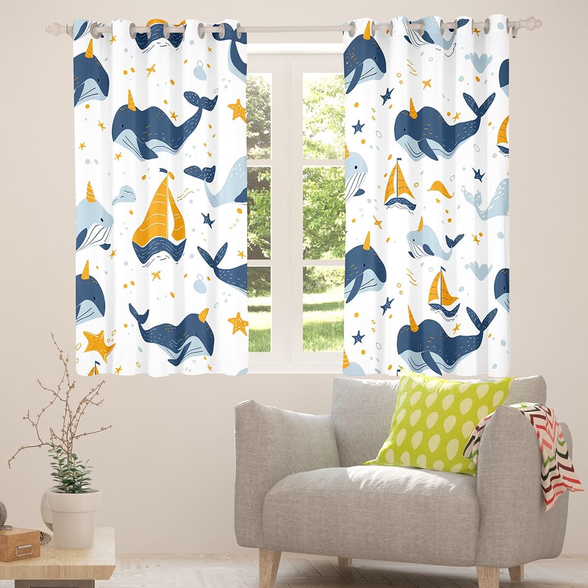 Manfei Lot de 2 rideaux de fenêtre à motif baleine et licorne, motif baleine et licorne, animaux marins, décoration de chambre d'enfants, garçons et filles, rideaux de chambre à coucher, 168 x 183 cm