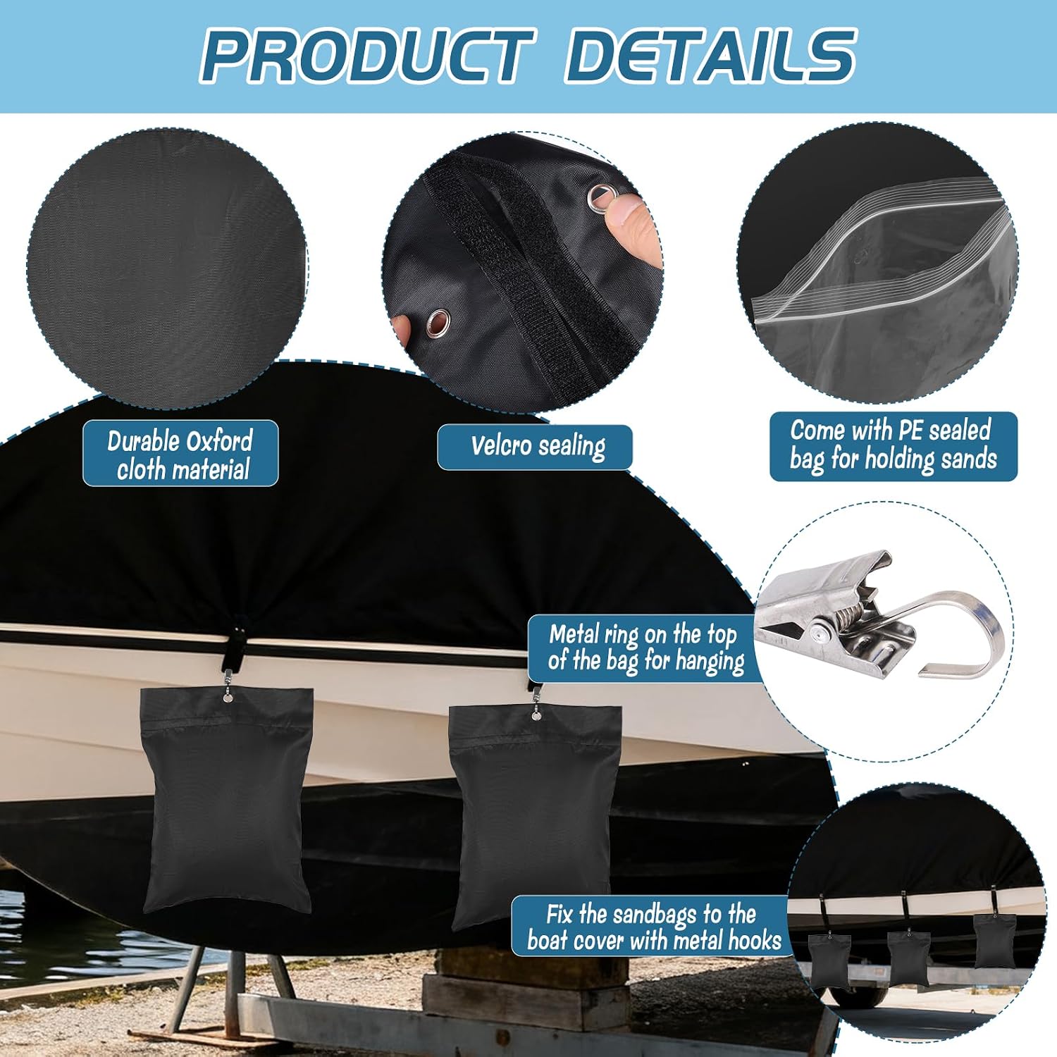 10 Pack Boat Cover Sand Bags Weights with Hanging Hooks, Oxford Cloth Sandbags for Boat Mooring, Windproof Weight Sand Bags for Boat Covers Above Ground Swimming Pool Cover