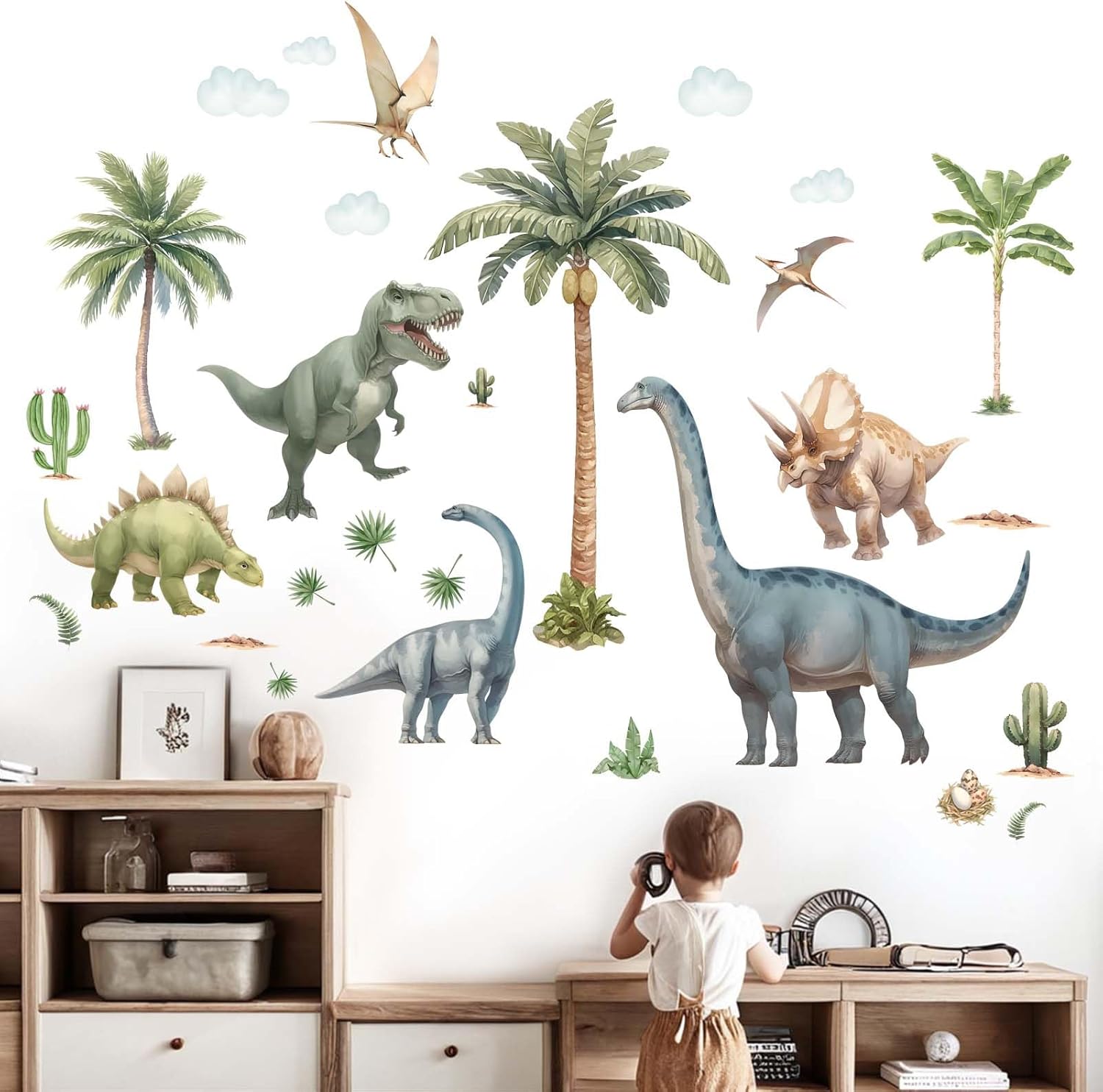 Large Dinosaur Wall Decals - Tropical Palm Tree Leaf Dino Wall Stickers - Nursery Kids Baby Boys Room Daycare Playroom Classroom Wall Decor