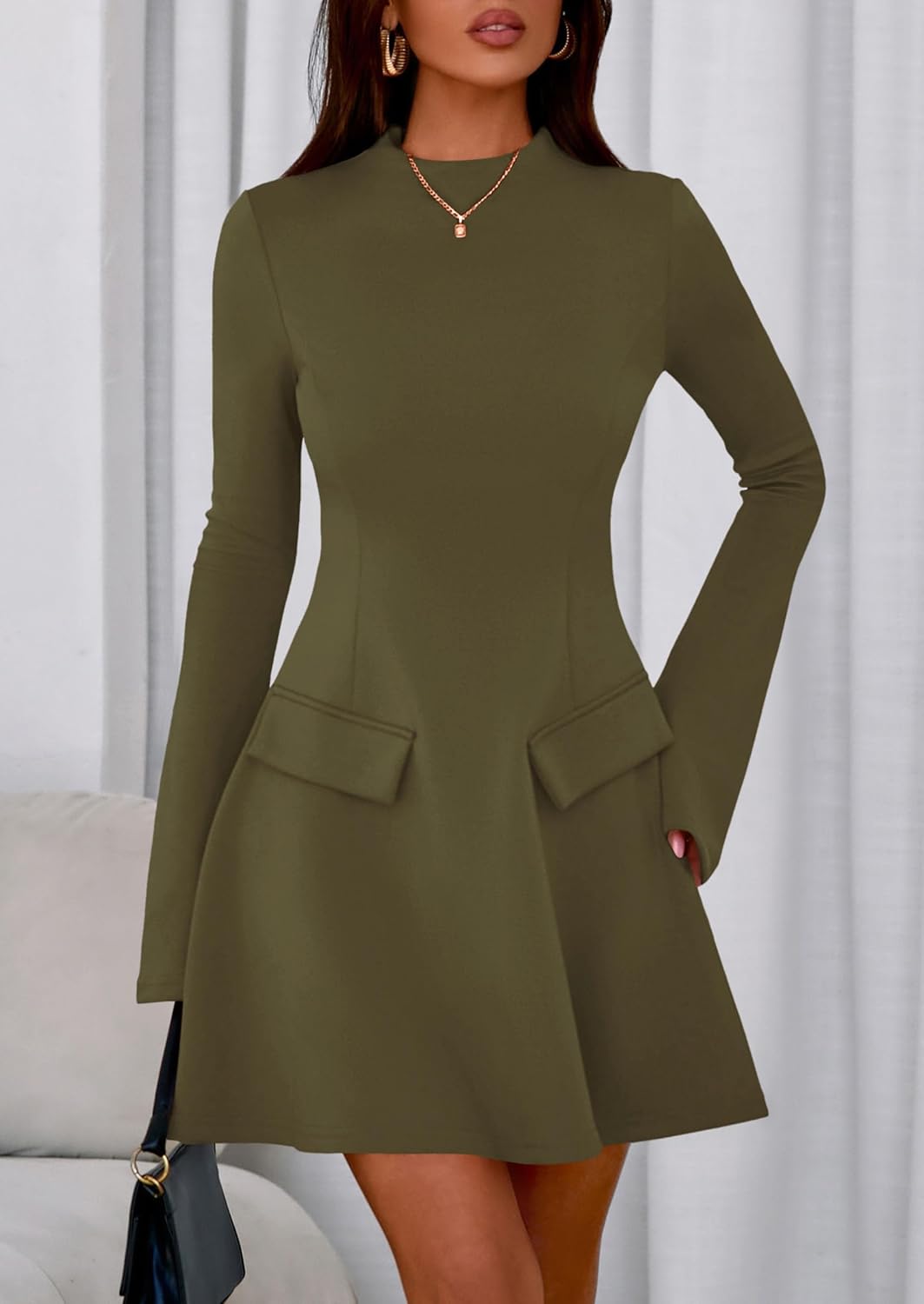 PRETTYGARDEN Women's Elegant Holiday Short Dress 2026 Fall Bell Long Sleeve Mock Neck Work Business Casual Party Mini Dress - Image 4