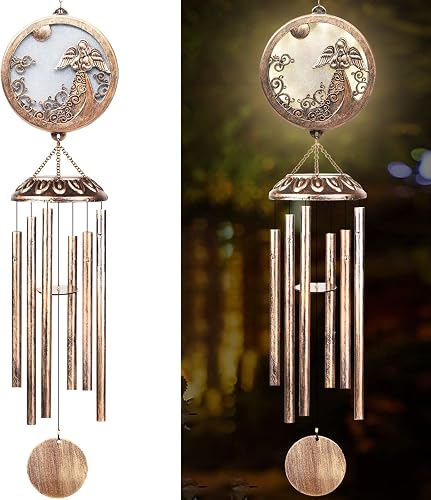 FSVGYY Solar Angel Wind Chimes for Outside-Memorial Wind Chimes- Memorial Wind Chime for Garden/Patio Decor Gifts for Mom Women-Loss of Loved One (33 Inch Deep Tone)