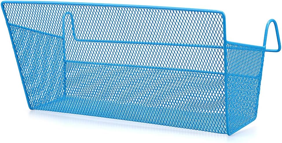 BTSKY Bedside Storage Basket, Dorm Room Bed Storage Basket Metal Mesh Desktop Corner Shelves Hanging Organizer Rack Shelf Bedside for Book Phones Drinks Tissues Office Home with Hook Blue