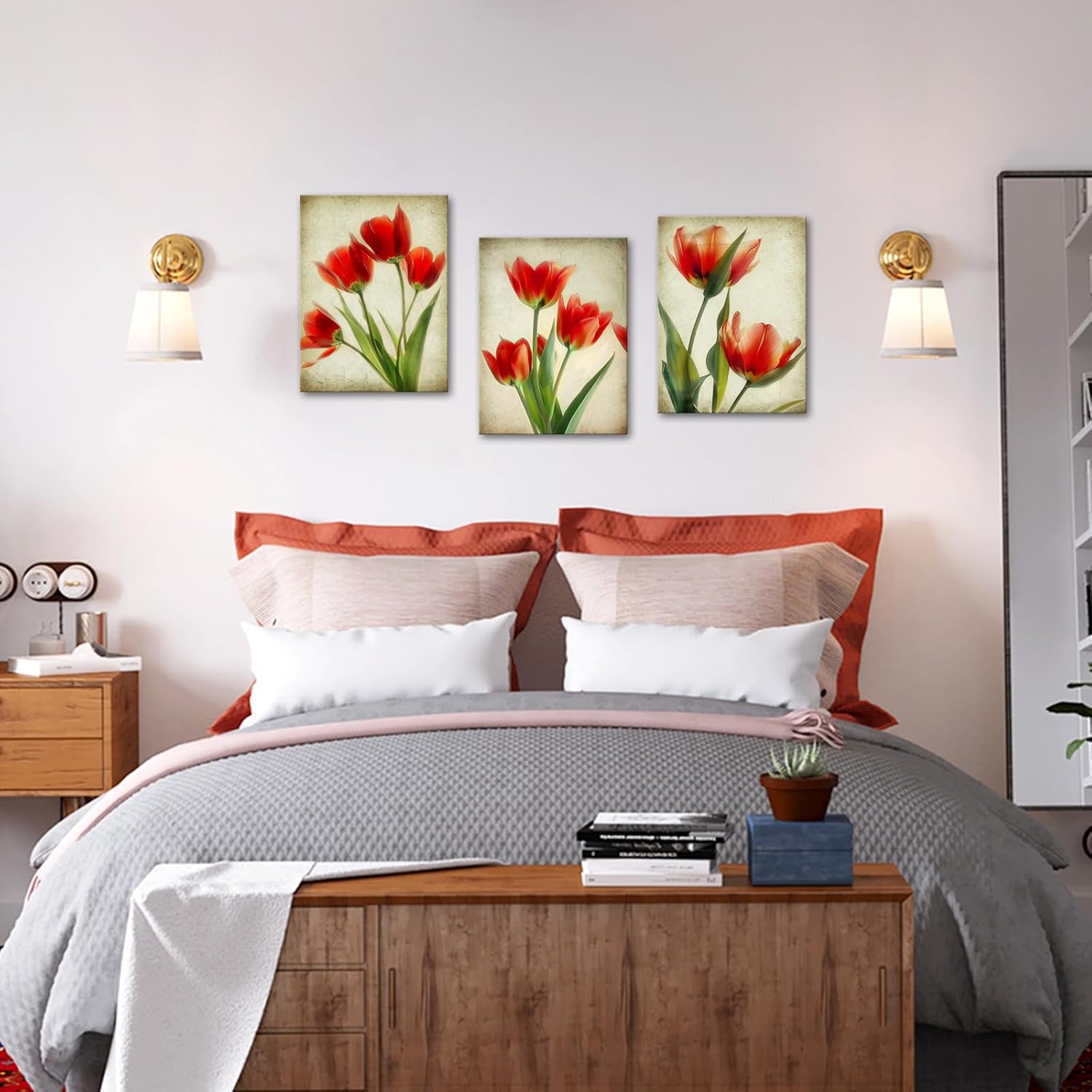 VANSEEING 3 Pieces Tulip Flower Wall Art Canvas Prints Vintage Red Floral Botanical Painting Rustic Pictures Wall Decor for Bedroom Bathroom Dining Room 12"x16"x3