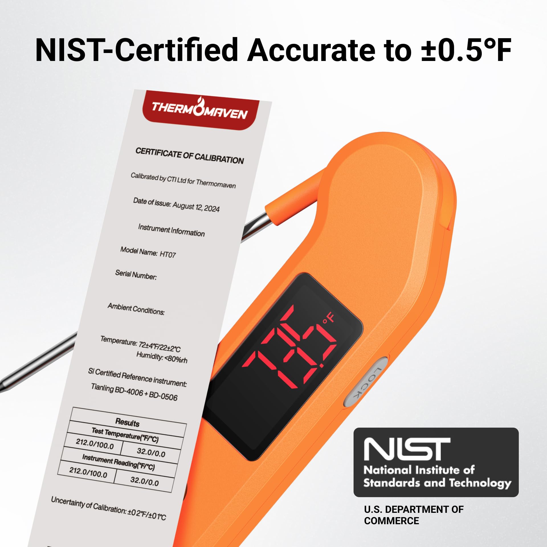 Thermomètre à viande numérique professionnel, lecture instantanée en 1 seconde, précision de ± 0,-15 °C, thermomètre alimentaire certifié NIST & NSF, écran LED lumineux à rotation automatique