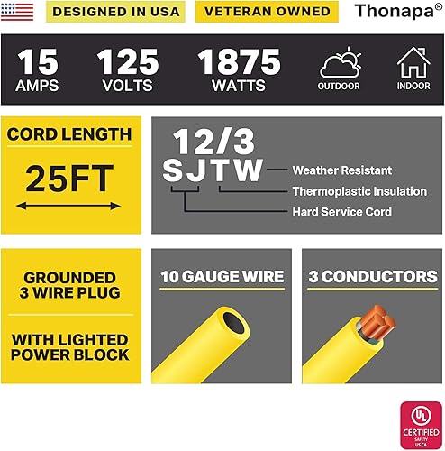 Miniatura 7 de SJTW - Cable de extensión iluminado para exteriores de 3 tomas de corriente, calibre 12, 15 amperios, cable de extensión de alimentación resistente