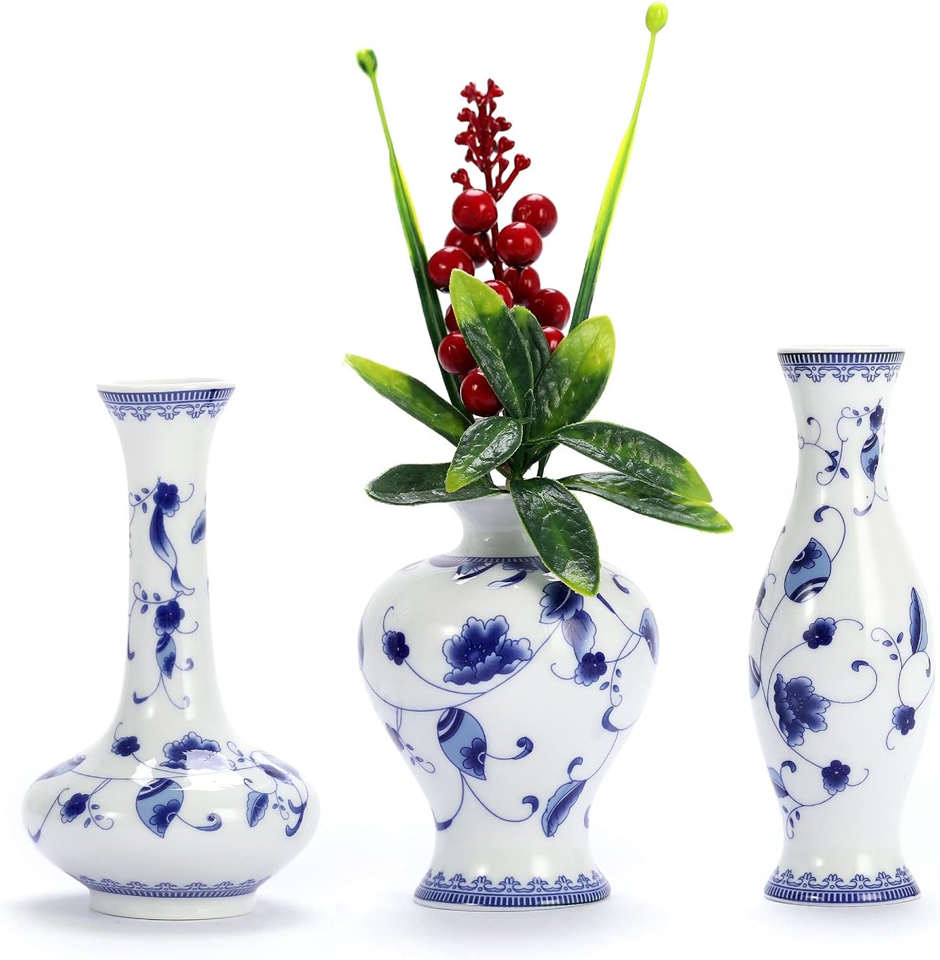 Blue & White Porcelain Vases Set of 3 Small Ceramic Vase, Fambe Glaze