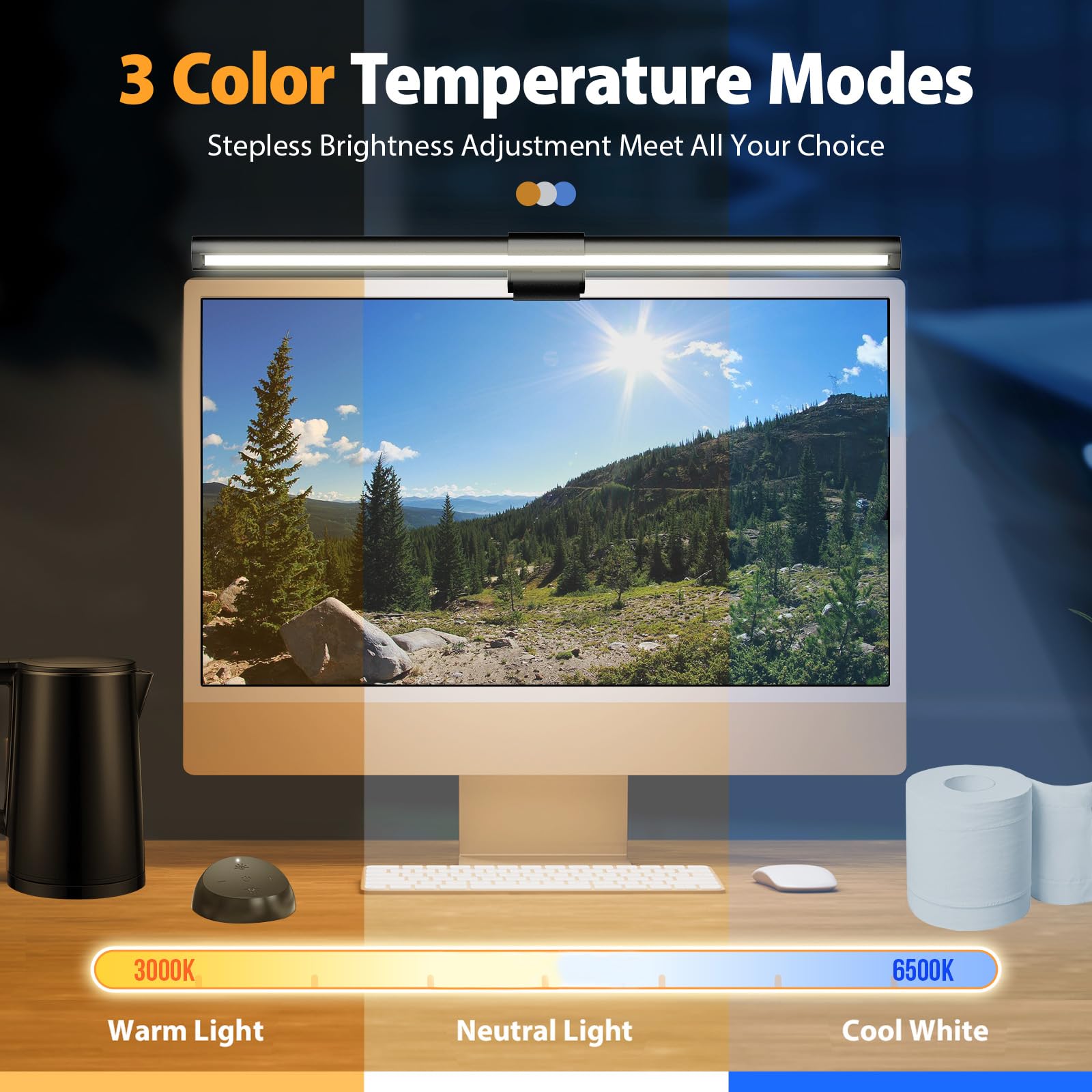 PAPOBO Monitor-Lichtleiste, Schreibtischlampe mit Fernbedienung, USB-betriebene LED-Dual-Lichtquelle, einstellbare Farbtemperatur, Augenpflege, platzsparende Bildschirm-Lichtleiste für Heimbüro-Arbeit