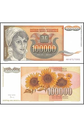 Paper Money 100,000 Dinar 1993 Yugoslavia Collectible Banknote UNC Condition