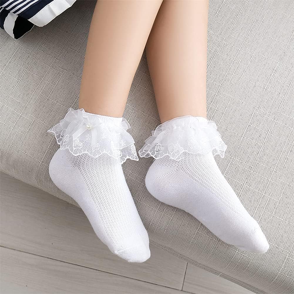 Looching 5 Pairs Toddler Baby Girls Ruffle Lace Trim Socks with Bow Frilly Eyelet Mesh Princess Ankle Dress Socks - Image 6