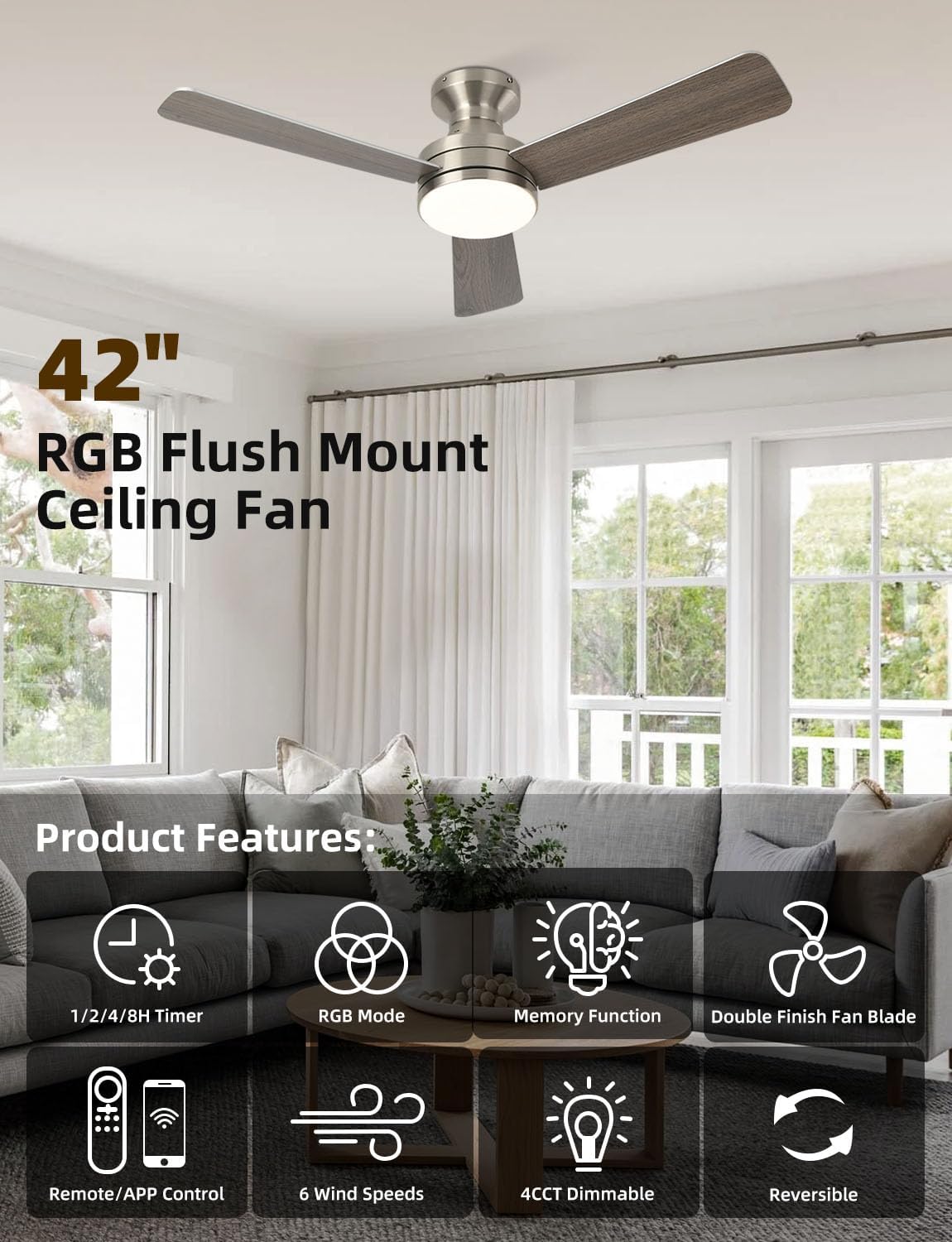 42 inch RGB Ceiling Fan with Light, Smart App & Remote Control Low Profile Flush Mount, Music Sync Lighting, 6-Speed Quiet Reversible DC Motor, 4CCT Dimmable for Home Office Party