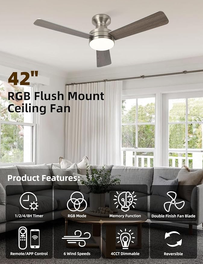 Ventilador de Techo 42 Pulgadas con Luz, Control Remoto y Ap miniatura 5