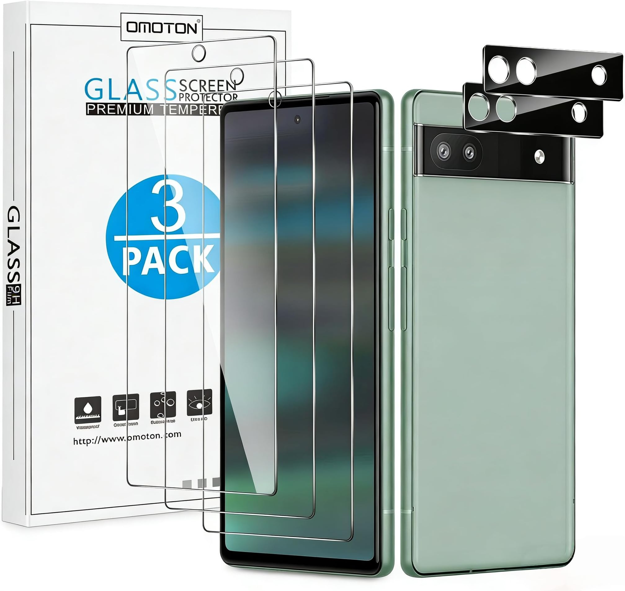 OMOTON 3+2 Pack Screen Protector for Google Pixel 6a (6.1 Inch 2022 Release), 3 Pack Tempered Glass Screen Protector & 2 Pack Camera Lens Protector, Bubble Free/Scratch Resistant