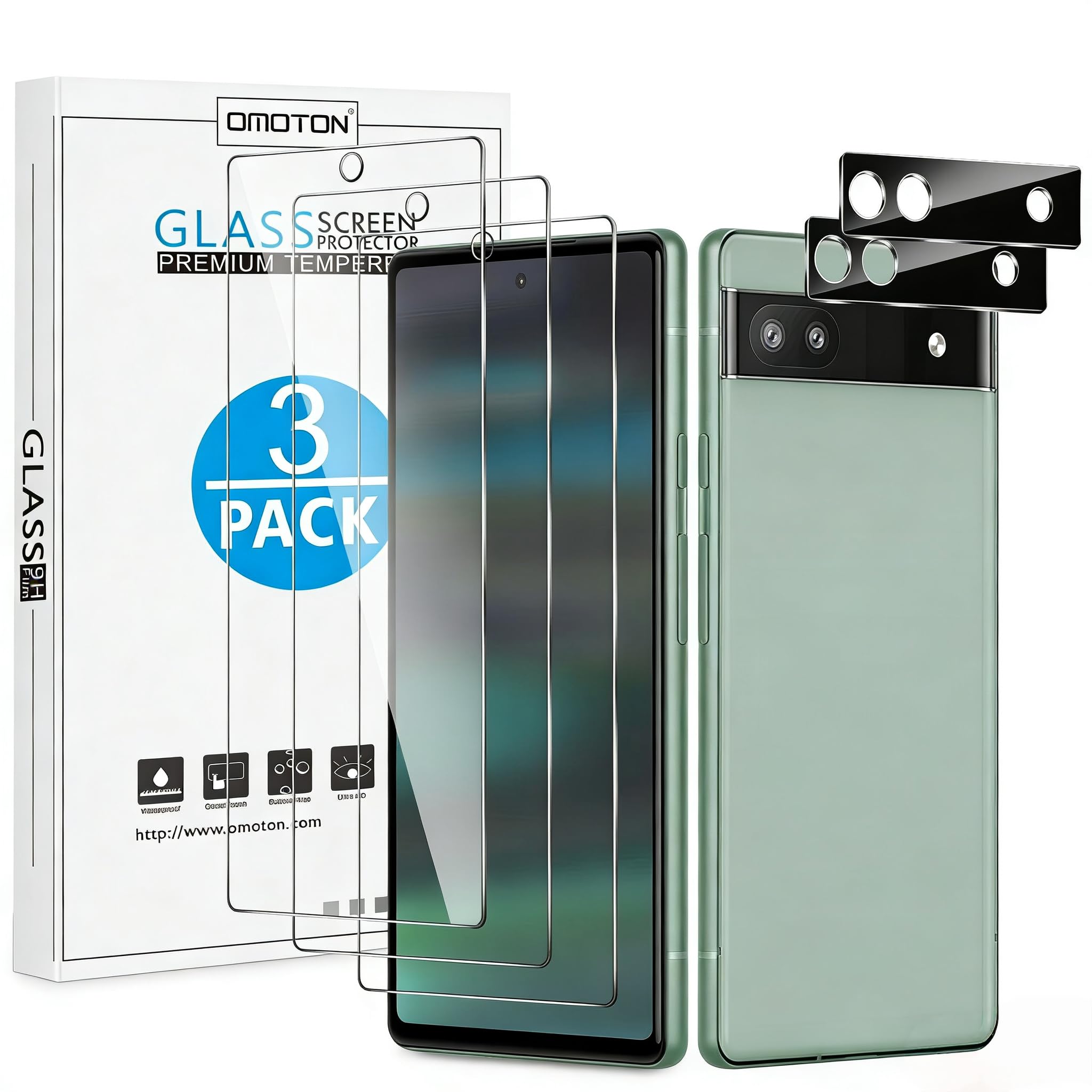 Photo 1 of OMOTON 3+2 Pack Screen Protector for Google Pixel 6a (6.1 Inch 2022 Release), 3 Pack Tempered Glass Screen Protector & 2 Pack Camera Lens Protector, Bubble Free/Scratch Resistant