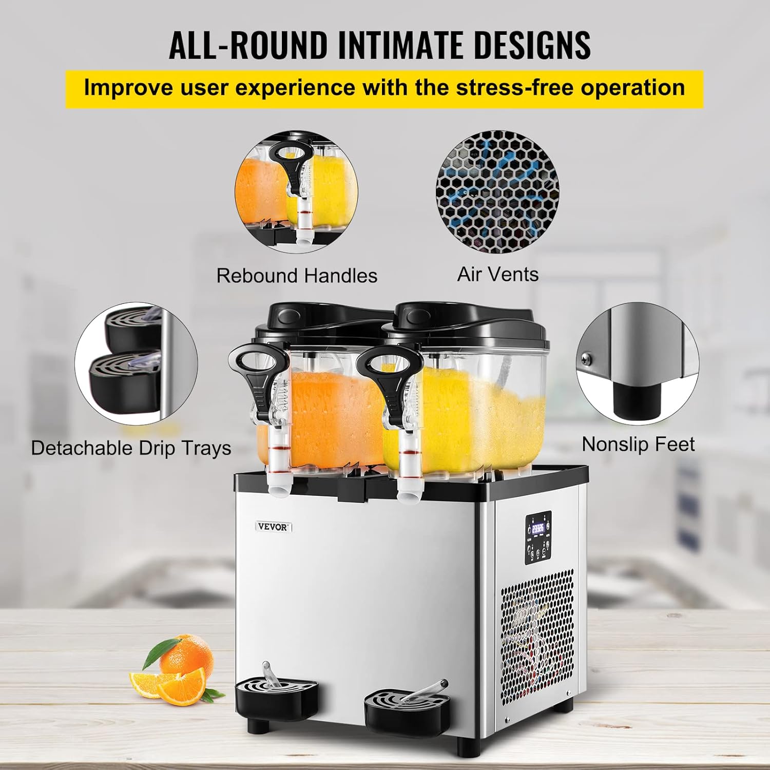 Image showing various design features of the VEVOR Slushy Machine including rebound handles, air vents, detachable drip trays, and non-slip feet.