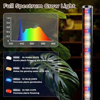 60 Inch Grow Lights for Indoor Plants, 24W 192 LED Full Spectrum Grow Light with 3/6/12H Timer, 3 Modes 5 Dimmable Standing Vertical Plant Light for Tall Plants/Flowering