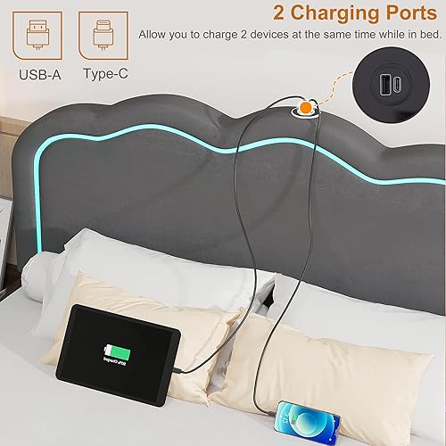 Miniatura 4 de VECELO Base de cama matrimonial tapizada con cabecero ajustable, luces LED, USB-A y tipo C, plataforma de terciopelo sin ruido, base de colchón con