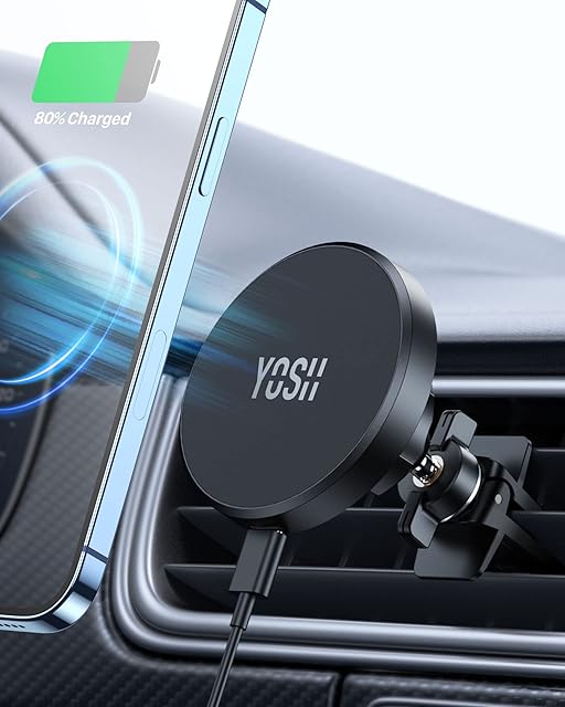 YOSH Mag-Safe Wireless Car Charger Mount Air Vent, iPhone Car Charger Mount Phone Holder for Cars with 360° Rotation Car Cradle for iPhone 14/13/12 Series & MagSafe Case with Double Lock Clip