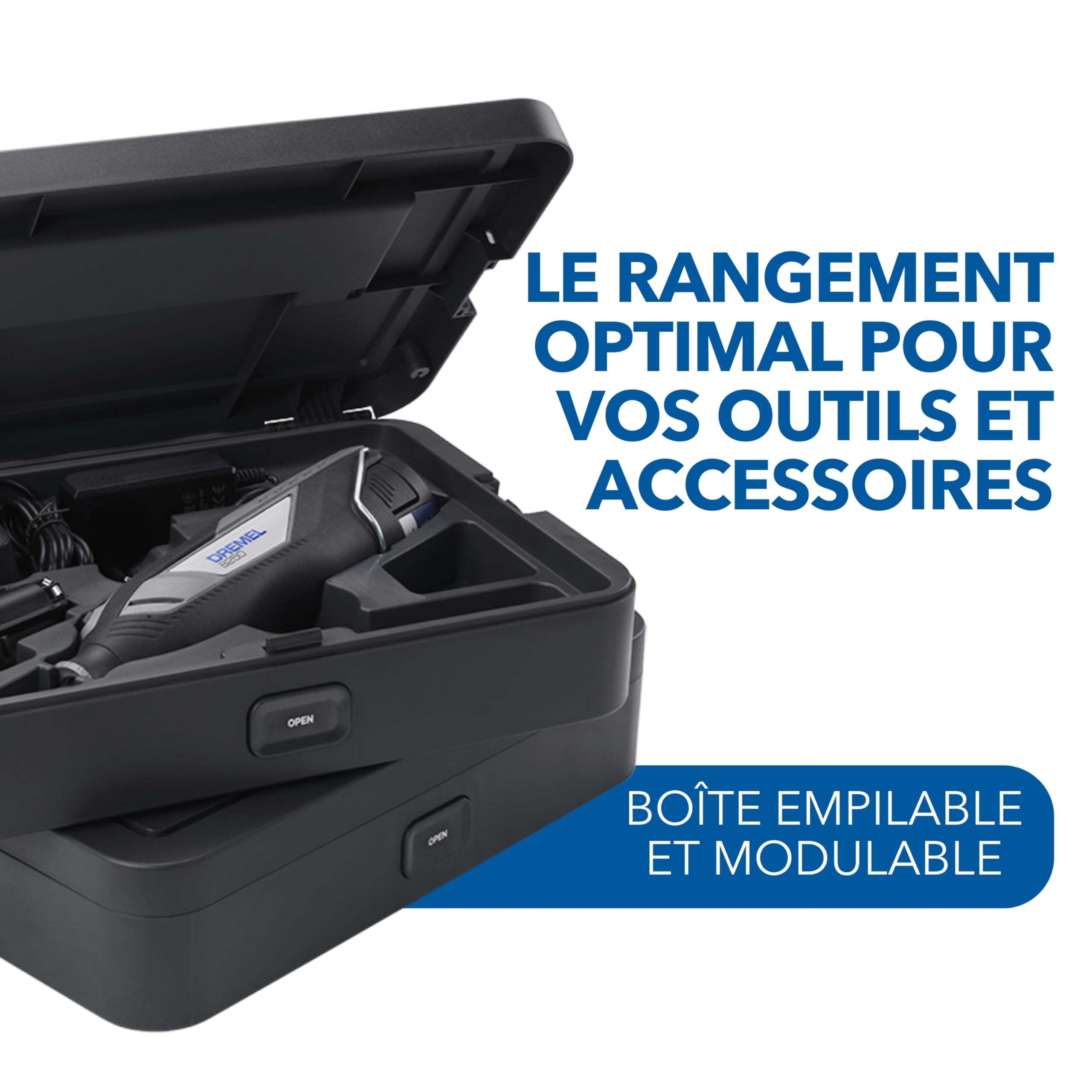 Dremel Coffret de transport avec 6 séparateurs et boîte de rangement d'accessoires, Solution d'organisation pour accessoires d’outils multi-usages, Système compact et empilable