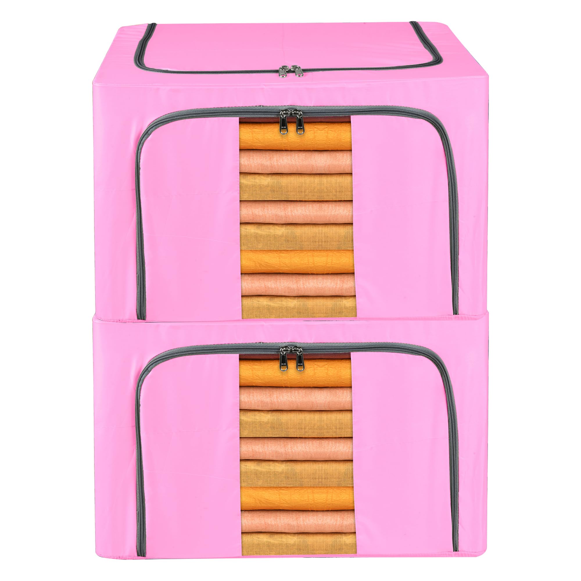 Kuber Industries 2 Stück Aufbewahrungsbox aus Stoff | Faltbarer Kleiderschrank Organizer für Kleidung | Stahlrahmen Kleidung Organizer | Deckenbox | 66 Liter | Rosa