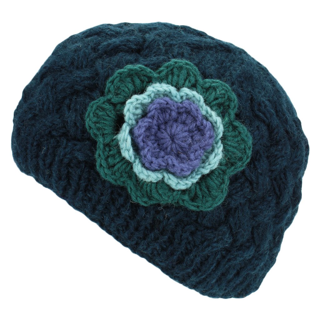 Loud Hats Teal Wool Beanie Hat Cable Knit with Crochet Flower Applique