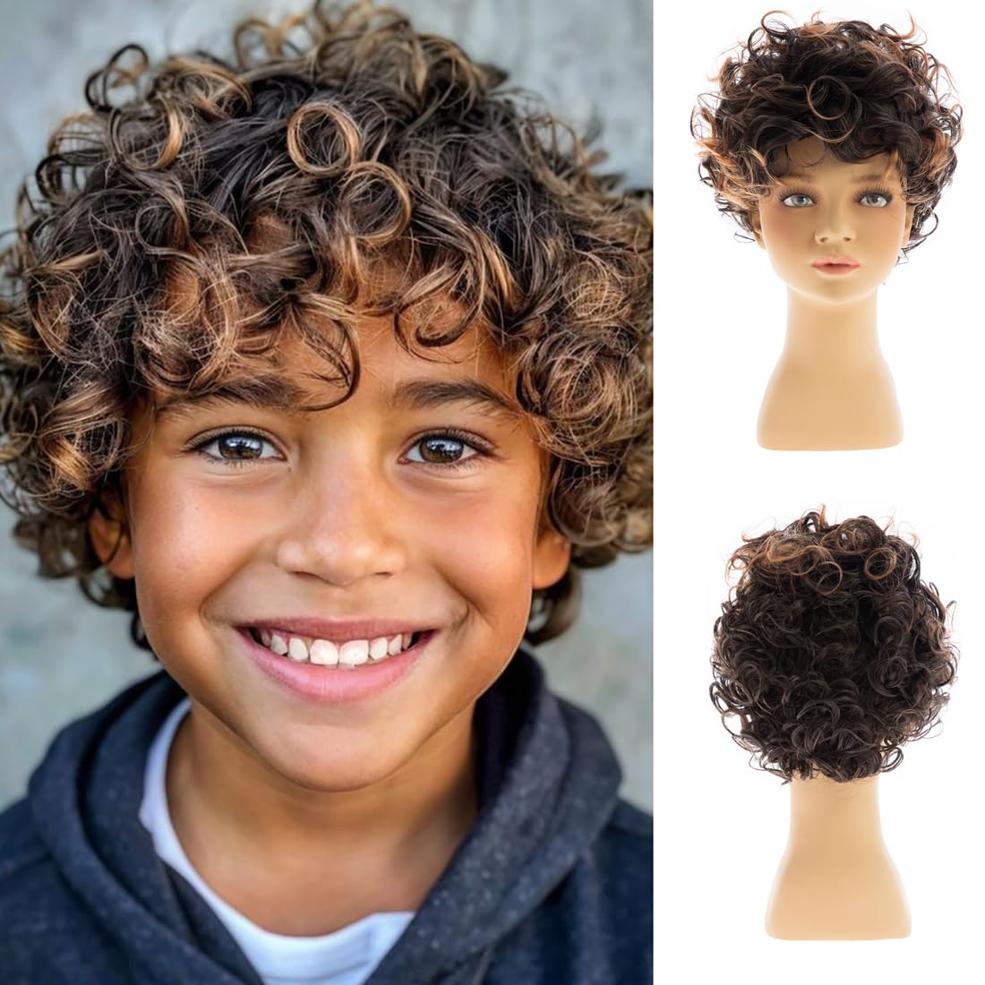 Dsimeig Brown Kids Wig Short Curly Child Synthetic Boys Wig Cosplay Halloween Costume Party Use