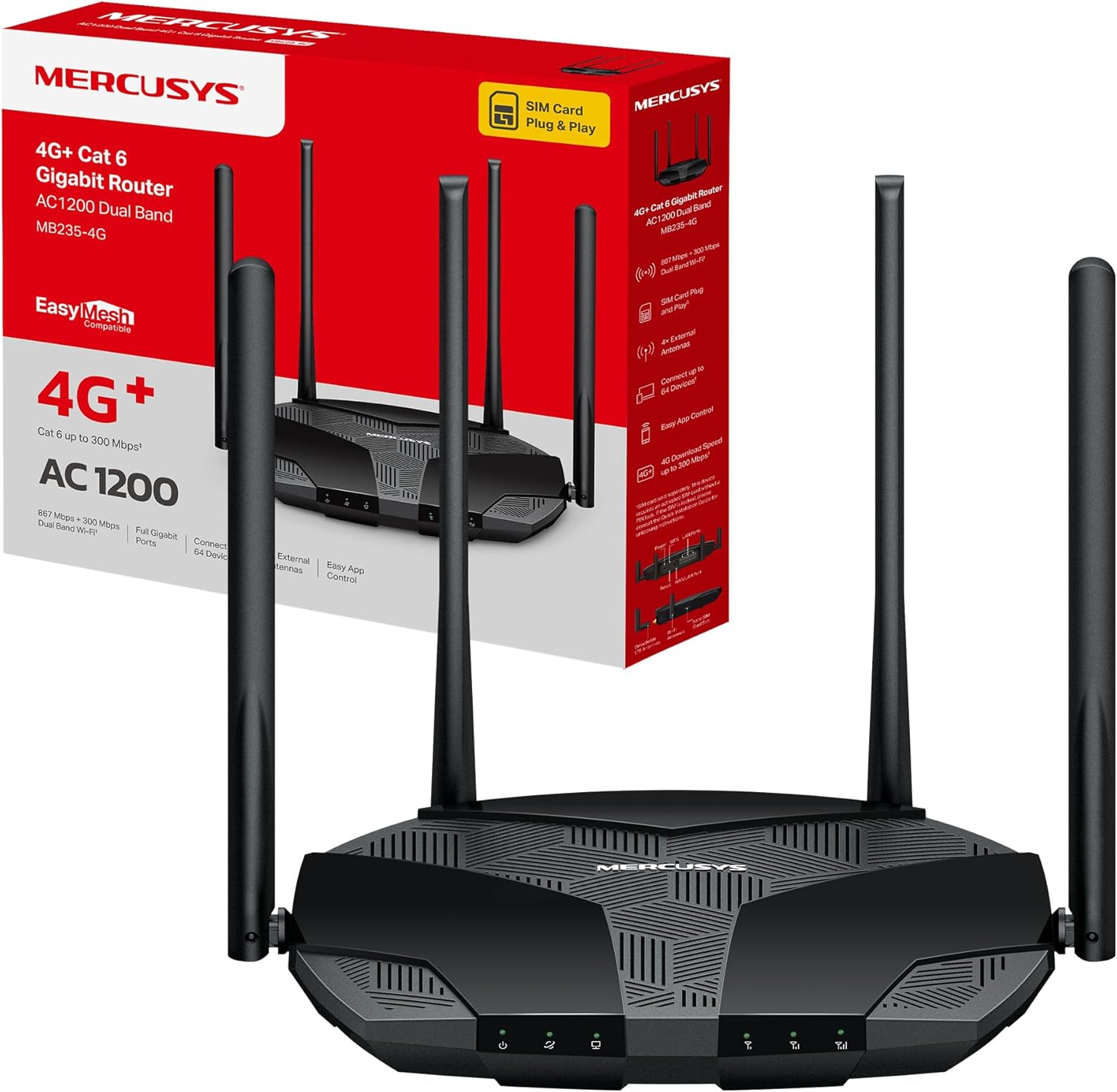 Mercusys MB235-4G Router WiFi con Sim, 4G+ Cat6 AC1200Mbps, 4 Antenne Ad Alto Guadagno, 1 Porta LAN/WAN + 3 Porte LAN Gigabit, WAN Backup, Parental/LE