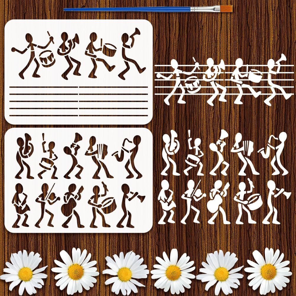 FINGERINSPIRE 2Styles Music Figures Pattern Stencils with a Brush 11.7x8.3Inch Band Figures Painting Stencil PET Staff Notation Stencils Music Themes Template for Wood Wall Fabric Furniture