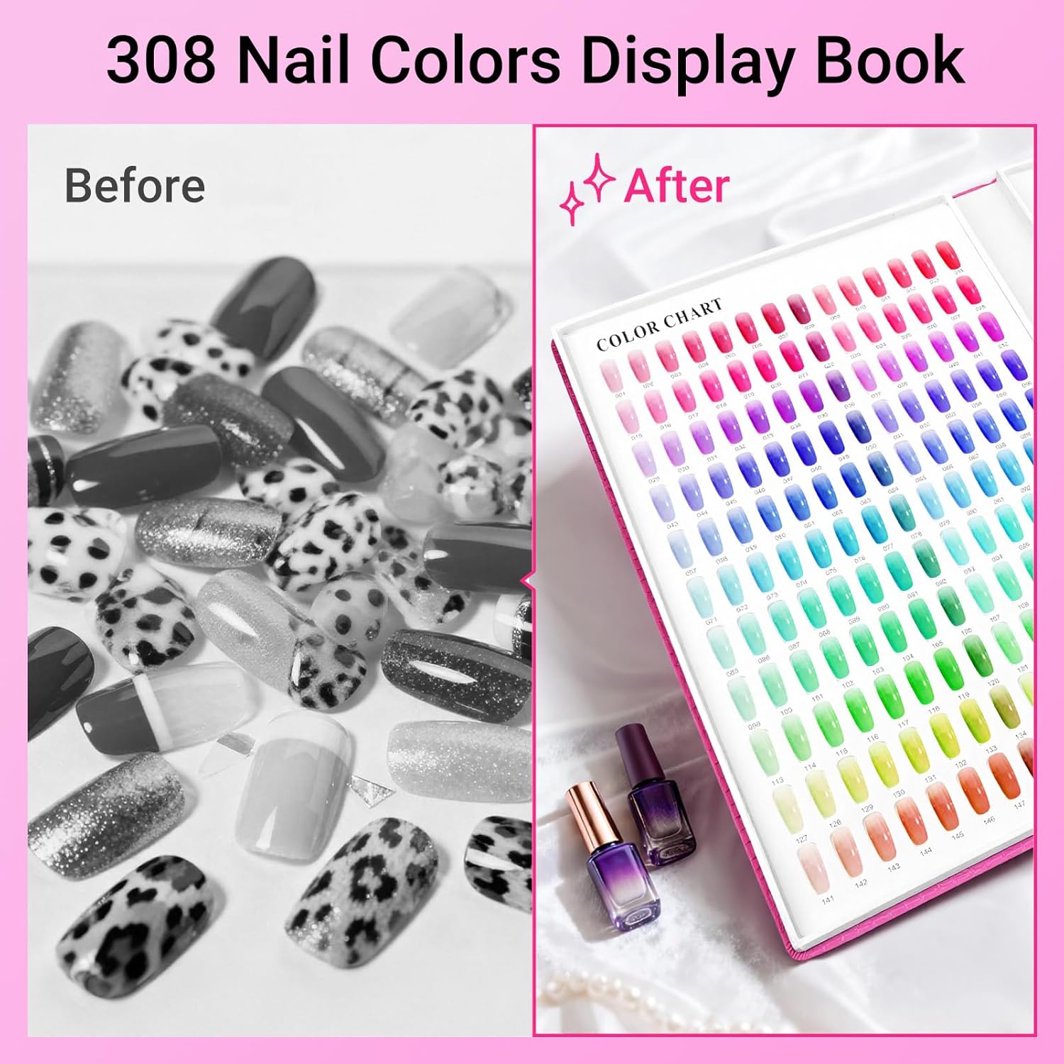 Segbeauty 308 Color Nail Polish Swatches Book for Press Ons, Gel Nail Display Book, Red Press On Nails Stand with 360 Fake Nails Tips, Polish Swatches Color Display Board Organizer Case Art Salon