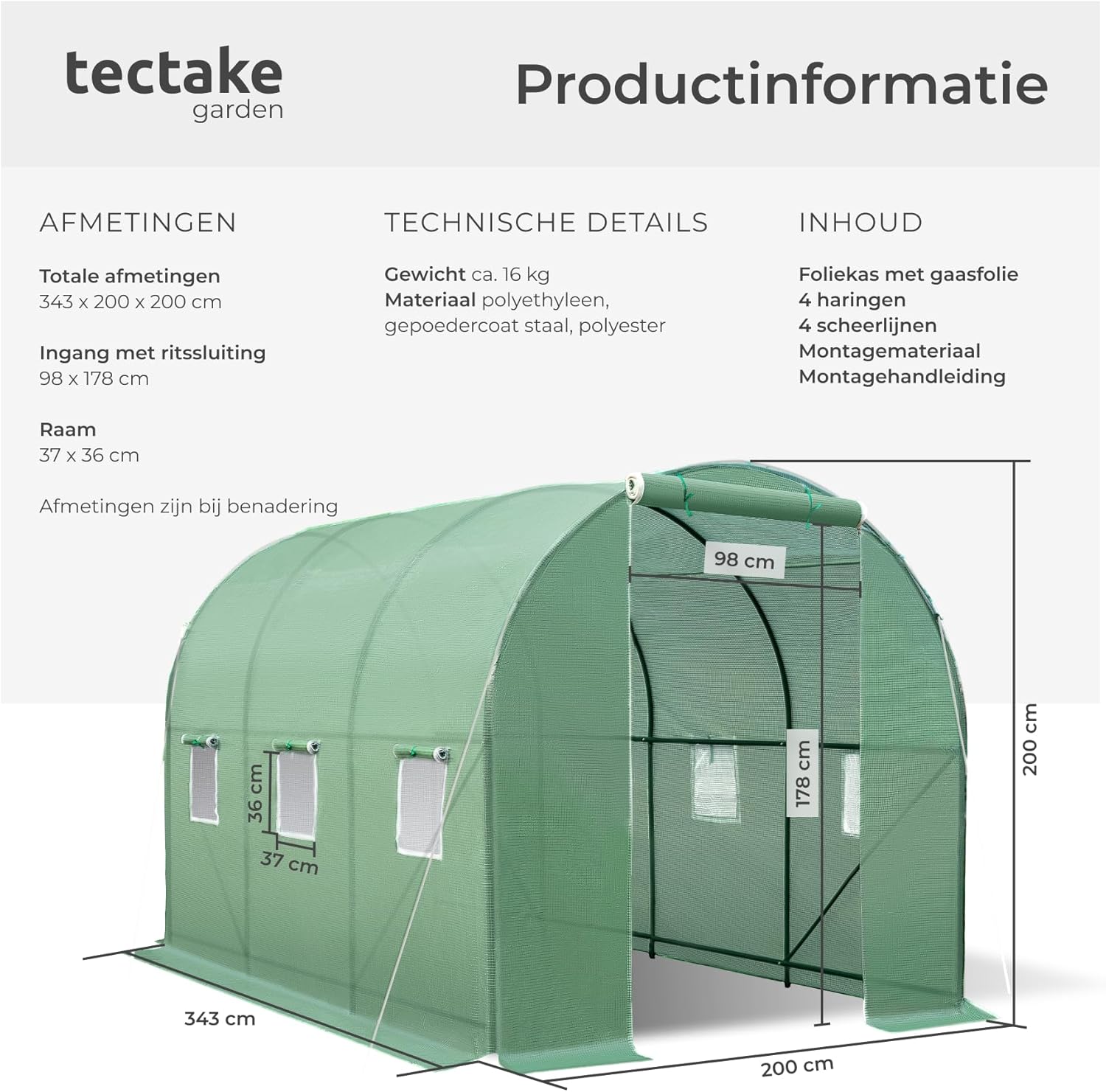 Diagram showing dimensions of the tectake Greenhouse Tunnel