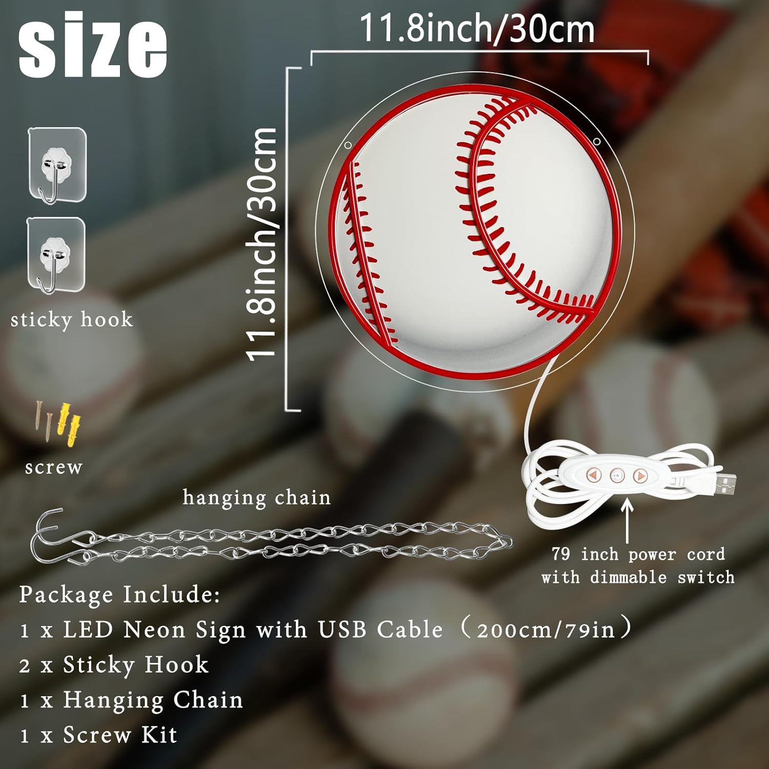 Baseball Neon Sign, Dimmable Baseball LED Neon Light for Fans, Sports Themed Neons Signs Light for Home Bedroom Man Cave Playroom College Dorm Club Birthday Party Decor - Image 3