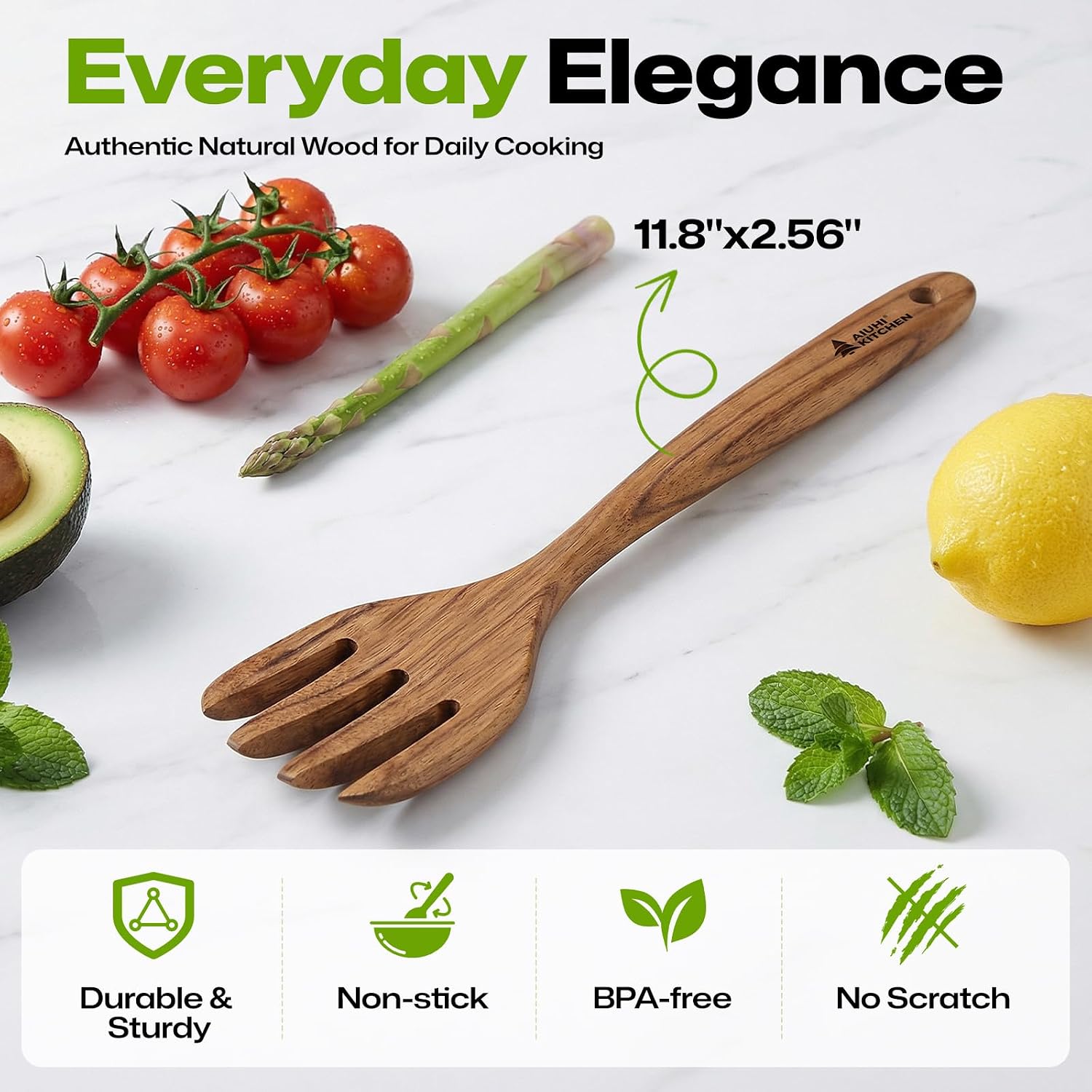 AIUHI Premium Teak Wood Salad Serving Fork, Ergonomic Handle Non-Scratch Wooden Cooking Fork, Durable Kitchen Utensil for Salad Mixing Pasta Tossing and Food Serving