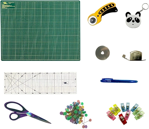 Kit Base De Corte 60x45 Verde Cortador 45mm Régua Tesoura titânio Fita metrica bichinho Prendedor de tecido clips + acessórios
