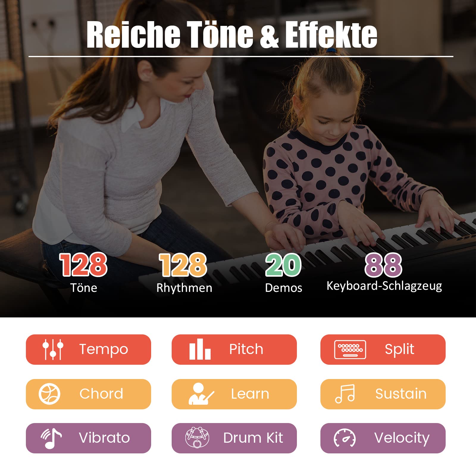 DREAMADE 88 Tastatur Keyboard mit Notenständer, Pedal, LCD-Display & LED-Licht Lehrfunktion, Klappbar & Tragbar E-Piano für Kinder und Anfänger (Schwarz)