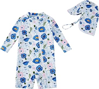 UPF 50+ Baby Girl Swimsuit Set, Recyclable Material & Sun Hat, Full Zip for Easy Dressing Toddler Girls 3-36 Months