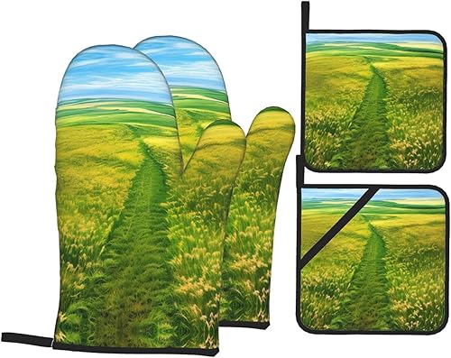 Juego de guantes de horno y soportes para ollas elegantes y funcionales, accesorios de cocina resistentes al calor y duraderos (caminos de pastizal)