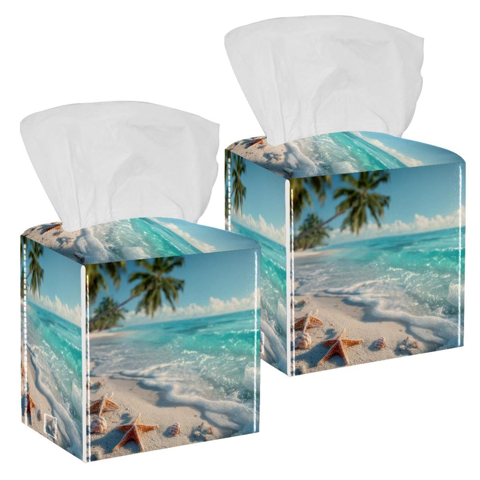 Beach Starfish Tissue Box Cover, 2 Pack PU Leather Square Facial Tissue Dispenser Box holder for Home Office Car