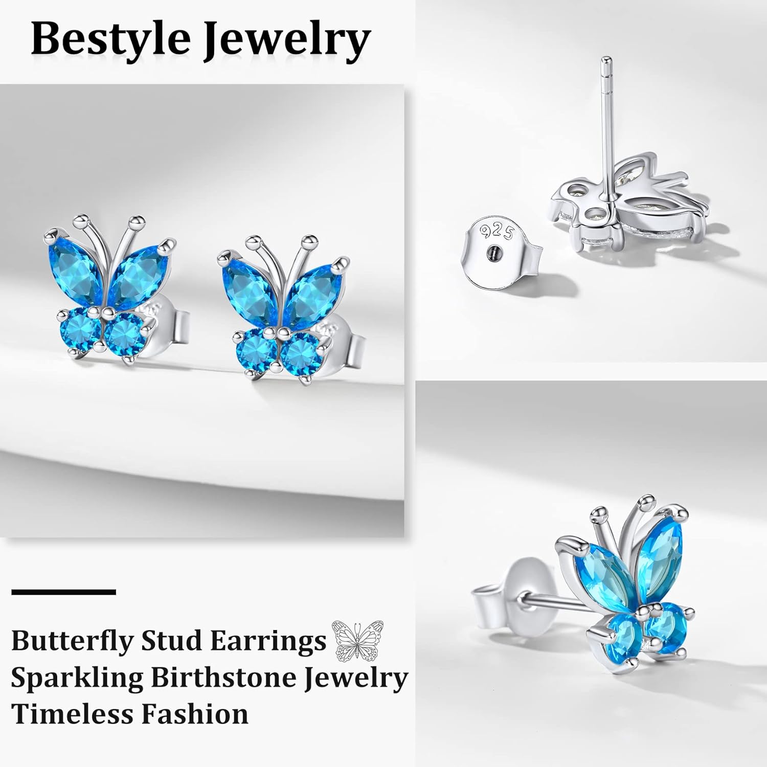 Bestyle Sterling Silver Butterfly Earrings for Women, Dainty Cute Birthstone Studs Hypoallergenic Jewelry, Great Birthday Gift - Image 5