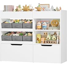 HOCSOK Toy Storage Unit with 2 Large Rolling Toy Chests, 6 Fabric Drawers