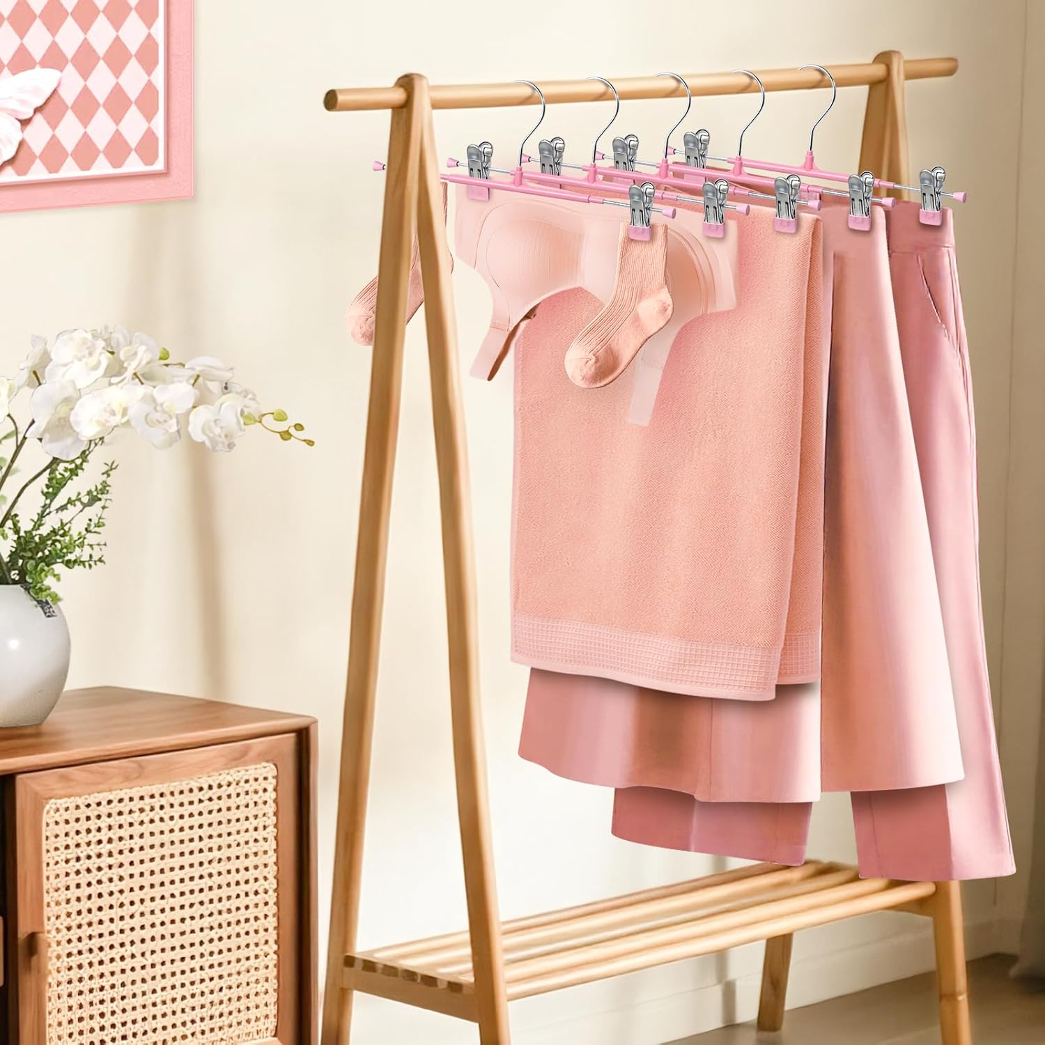 HUADYMEET 30 Pack 14Inch Pants Hangers with Clips,Metal Trouser Hanger for Jeans.Space Saving Skirt Hangers Heavy Duty Non-Slip Adjustable Clothes Shorts Hanger for Women,Men,Pink