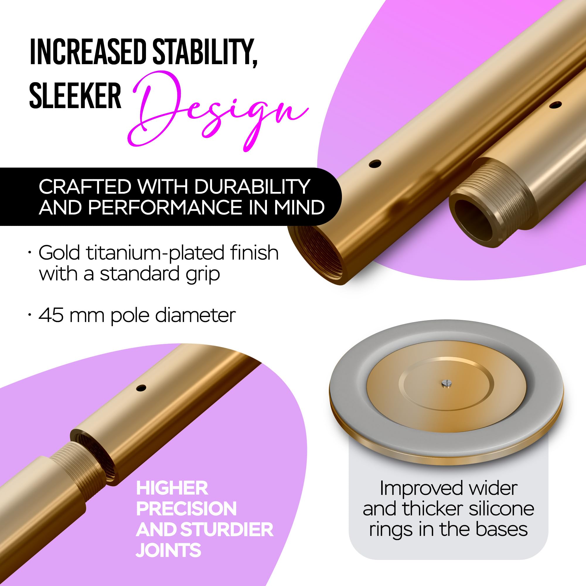 ILOGICASE Spinning Dancing Pole for Home | Portable and Heavy Duty 45mm Dance Pole Apartment Friendly, Adjustable Height 7ft to 11ft, w/Pole Conditioning Bands Set, LED Light and Carry Bags: Gold