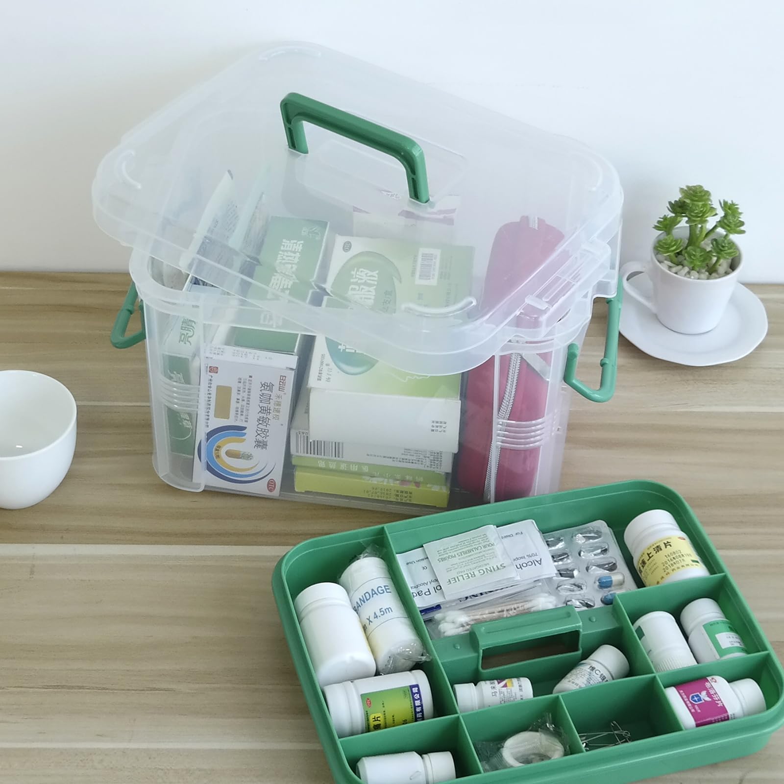 Portatore di pronto soccorso in plastica, 2 strati con scomparti, organizer per medicine di famiglia, 1 pezzo, trasparente