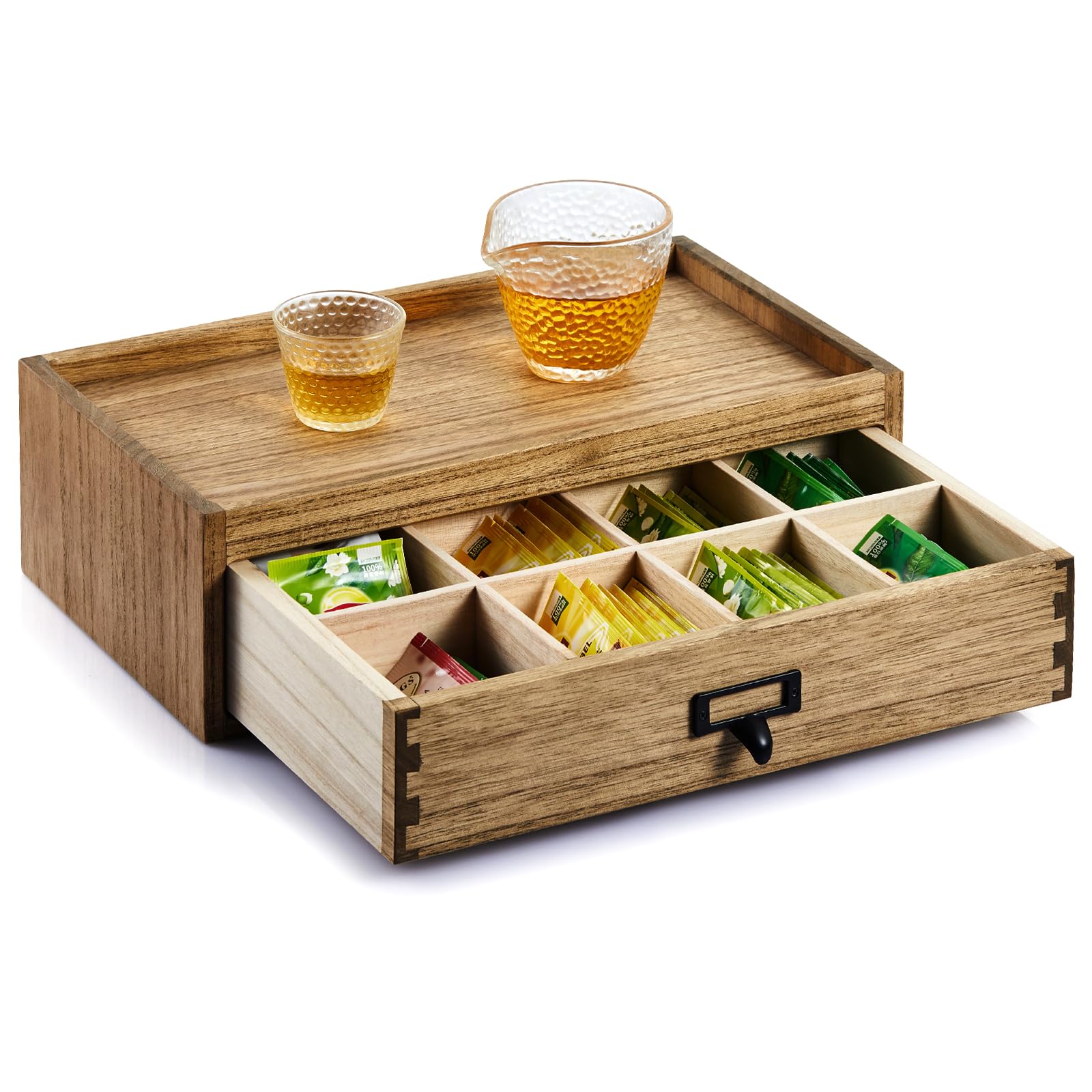 Boîte à thé pour cuisine et bureau, rangement organisé en bois avec tiroir pratique