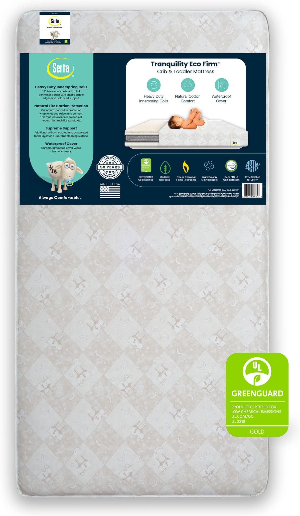 Delta Children Serta Tranquility Eco Firm 2-Stage Premium Baby Crib Mattress & Toddler Mattress -Waterproof - GREENGUARD Gold Certified - Hypoallergenic - 50 Year Warranty - Made in USA