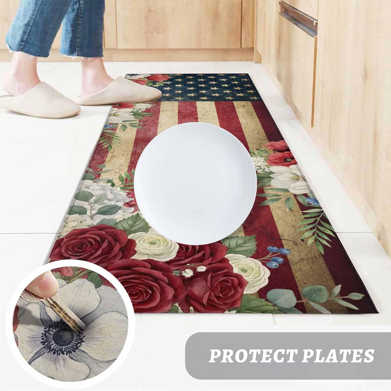Teamery Kitchen Mats for Floor Independence Day 250th Anniversary Washable Non Slip Kitchen Rugs 1PCS, Vintage USA Flag Floral Absorbent Standing Mats for Sink Bathroom Office Living Room 15.7x47.2in
